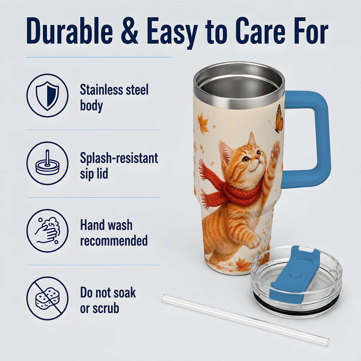 #pl[40oz|Blue] Autumn Cat 40oz Tumbler, Orange Kitten Red Scarf Butterfly Artwork