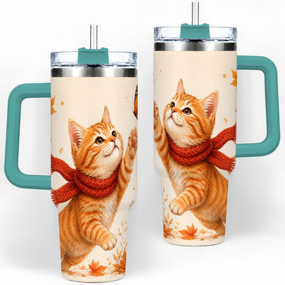 #pl[40oz|Green] Autumn Cat 40oz Tumbler, Orange Kitten Red Scarf Butterfly Artwork