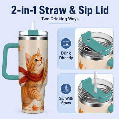 #pl[40oz|Green] Autumn Cat 40oz Tumbler, Orange Kitten Red Scarf Butterfly Artwork
