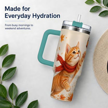 #pl[40oz|Green] Autumn Cat 40oz Tumbler, Orange Kitten Red Scarf Butterfly Artwork