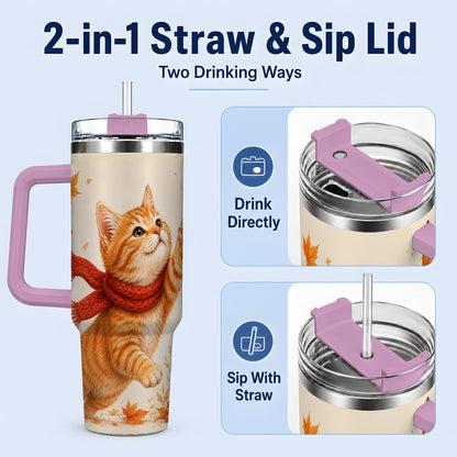 #pl[40oz|Pink] Autumn Cat 40oz Tumbler, Orange Kitten Red Scarf Butterfly Artwork