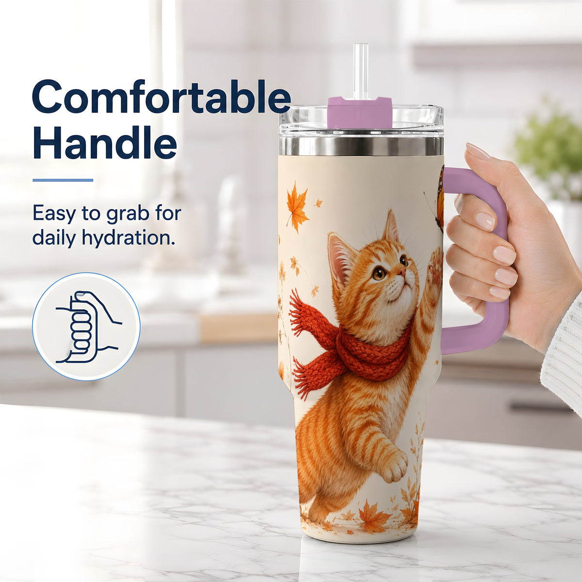 #pl[40oz|Pink] Autumn Cat 40oz Tumbler, Orange Kitten Red Scarf Butterfly Artwork