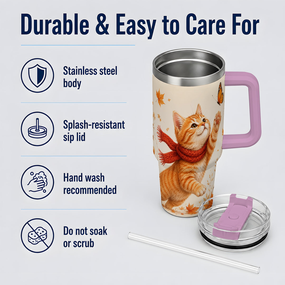 #pl[40oz|Pink] Autumn Cat 40oz Tumbler, Orange Kitten Red Scarf Butterfly Artwork