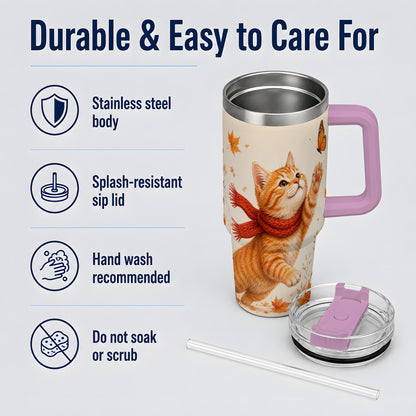 #pl[40oz|Pink] Autumn Cat 40oz Tumbler, Orange Kitten Red Scarf Butterfly Artwork