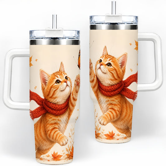 Autumn Cat 40oz Tumbler, Orange Kitten Red Scarf Butterfly Artwork