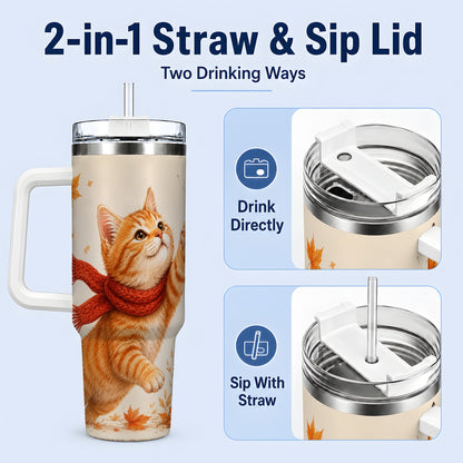 #pl[40oz|White] Autumn Cat 40oz Tumbler, Orange Kitten Red Scarf Butterfly Artwork