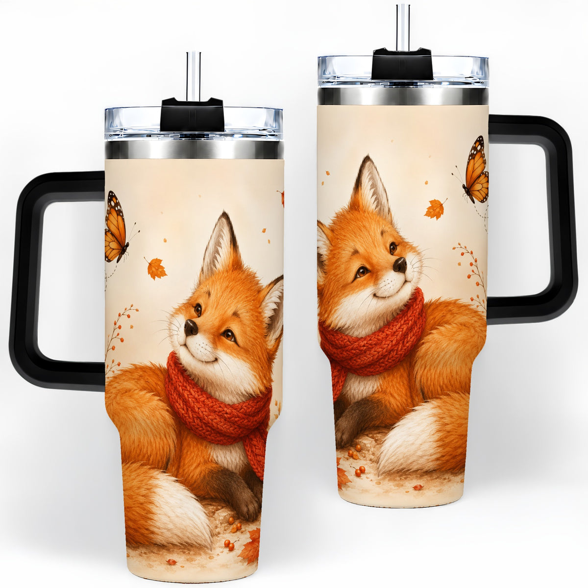 #pl[40oz|Black] Autumn Fox 40oz Tumbler, Red Scarf Butterfly and Fall Leaf Artwork