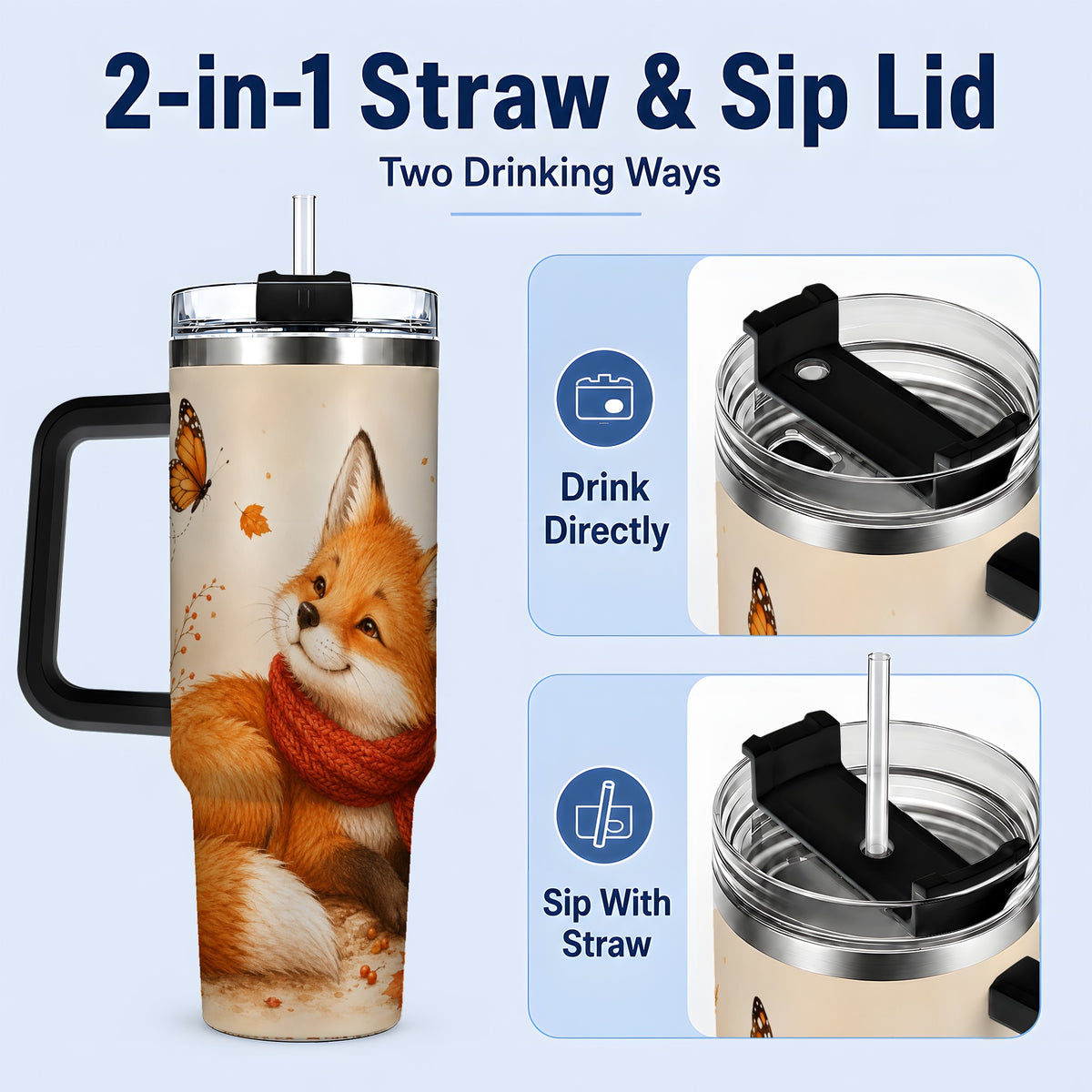 #pl[40oz|Black] Autumn Fox 40oz Tumbler, Red Scarf Butterfly and Fall Leaf Artwork