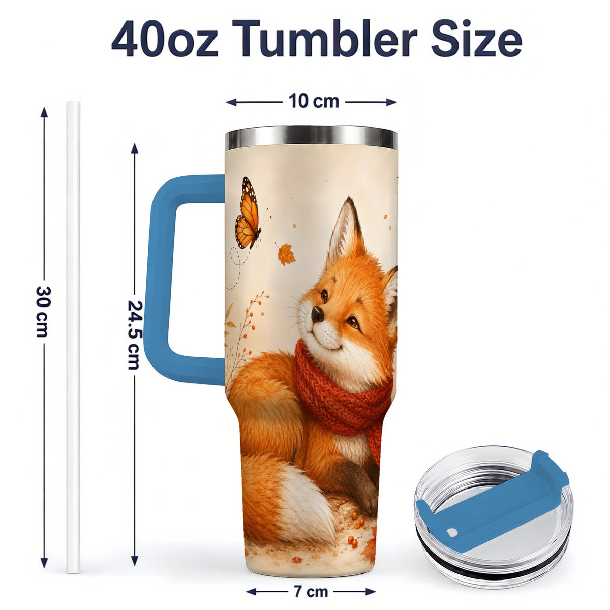 #pl[40oz|Blue] Autumn Fox 40oz Tumbler, Red Scarf Butterfly and Fall Leaf Artwork
