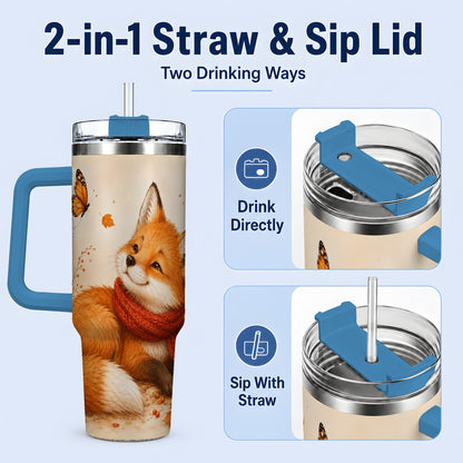 #pl[40oz|Blue] Autumn Fox 40oz Tumbler, Red Scarf Butterfly and Fall Leaf Artwork