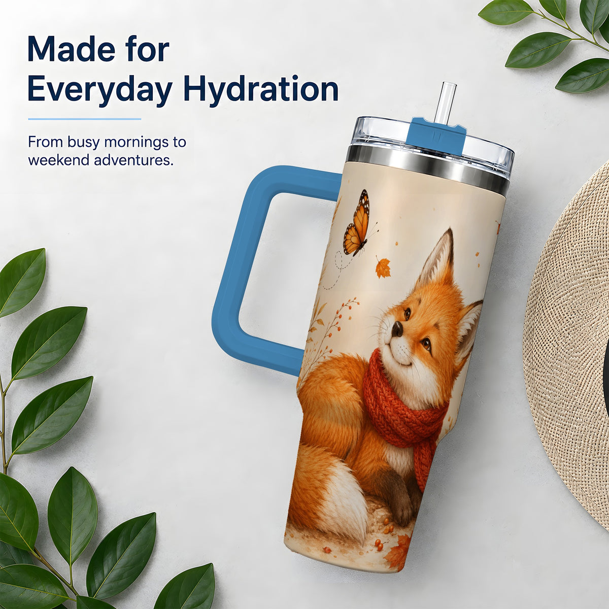#pl[40oz|Blue] Autumn Fox 40oz Tumbler, Red Scarf Butterfly and Fall Leaf Artwork