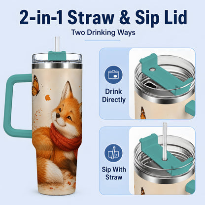 #pl[40oz|Green] Autumn Fox 40oz Tumbler, Red Scarf Butterfly and Fall Leaf Artwork