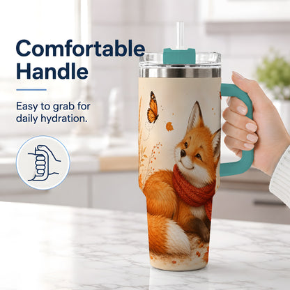 #pl[40oz|Green] Autumn Fox 40oz Tumbler, Red Scarf Butterfly and Fall Leaf Artwork