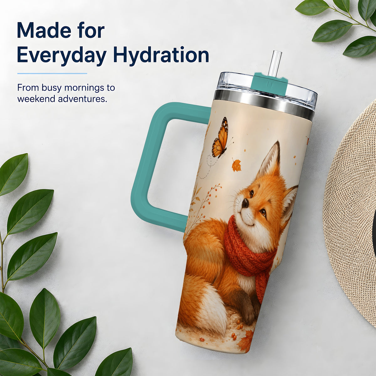 #pl[40oz|Green] Autumn Fox 40oz Tumbler, Red Scarf Butterfly and Fall Leaf Artwork