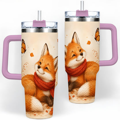 #pl[40oz|Pink] Autumn Fox 40oz Tumbler, Red Scarf Butterfly and Fall Leaf Artwork