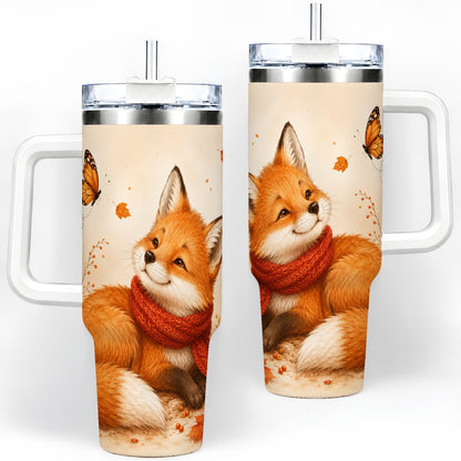 Autumn Fox 40oz Tumbler, Red Scarf Butterfly and Fall Leaf Artwork