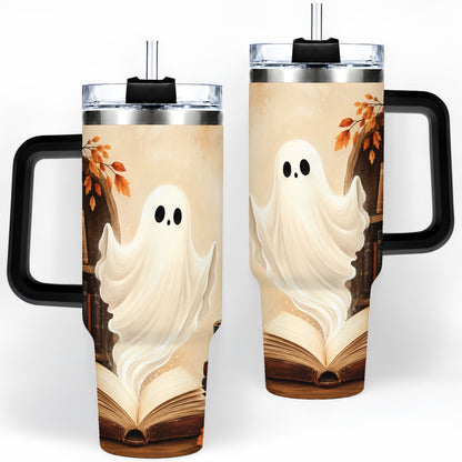 #pl[40oz|Black] Autumn Ghost 40oz Tumbler, Open Book Coffee and Fall Leaf Artwork