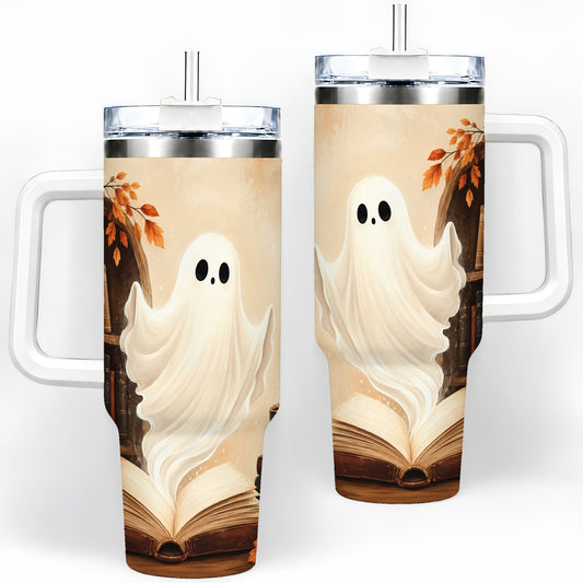 Autumn Ghost 40oz Tumbler, Open Book Coffee and Fall Leaf Artwork