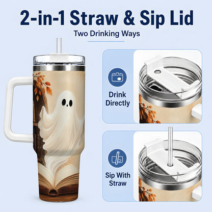 #pl[40oz|White] Autumn Ghost 40oz Tumbler, Open Book Coffee and Fall Leaf Artwork