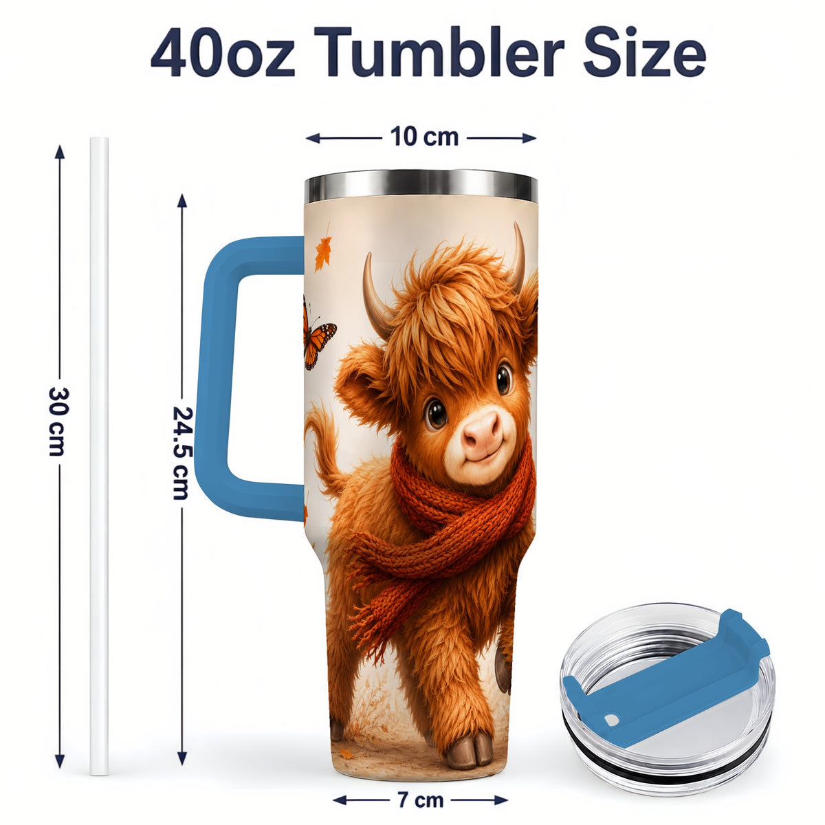 #pl[40oz|Blue] Autumn Highland Cow 40oz Tumbler, Red Scarf Fall Farm Animal Design