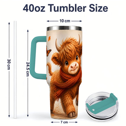 #pl[40oz|Green] Autumn Highland Cow 40oz Tumbler, Red Scarf Fall Farm Animal Design