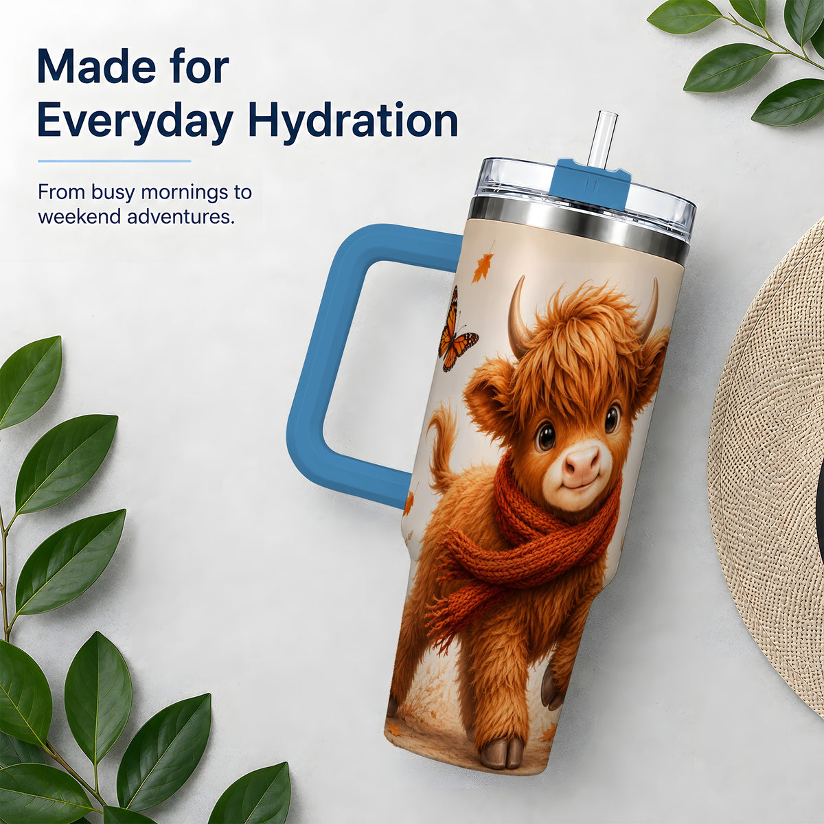 #pl[40oz|Blue] Autumn Highland Cow 40oz Tumbler, Red Scarf Fall Farm Animal Design