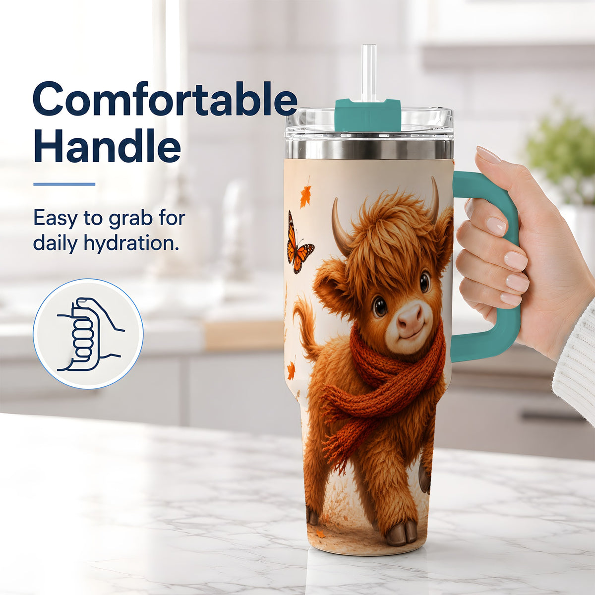 #pl[40oz|Green] Autumn Highland Cow 40oz Tumbler, Red Scarf Fall Farm Animal Design
