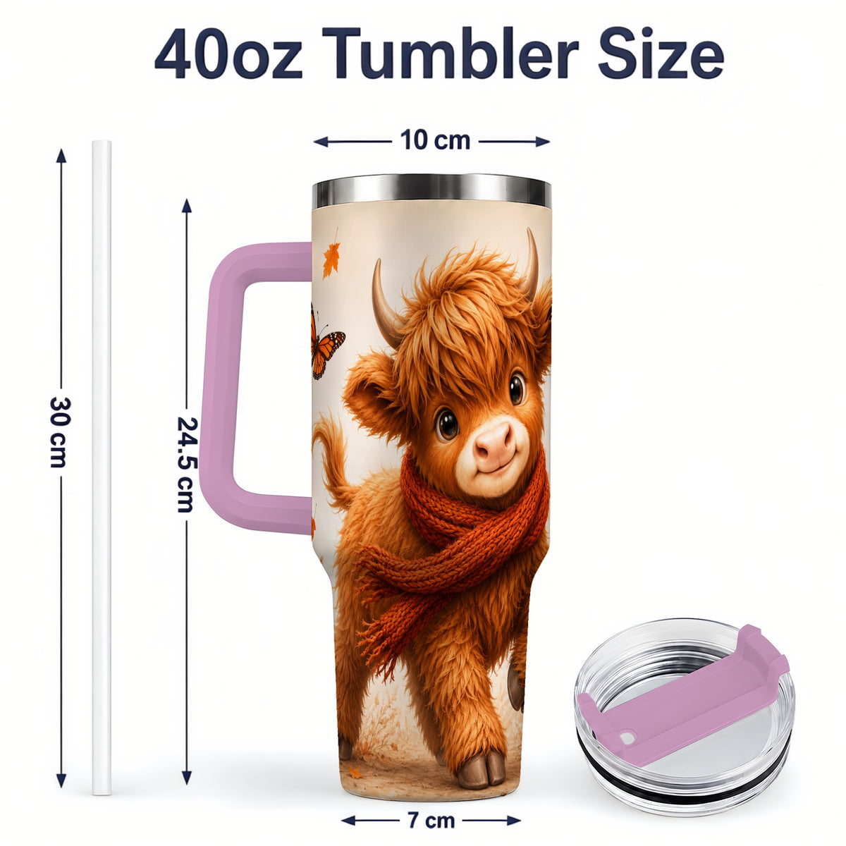#pl[40oz|Pink] Autumn Highland Cow 40oz Tumbler, Red Scarf Fall Farm Animal Design
