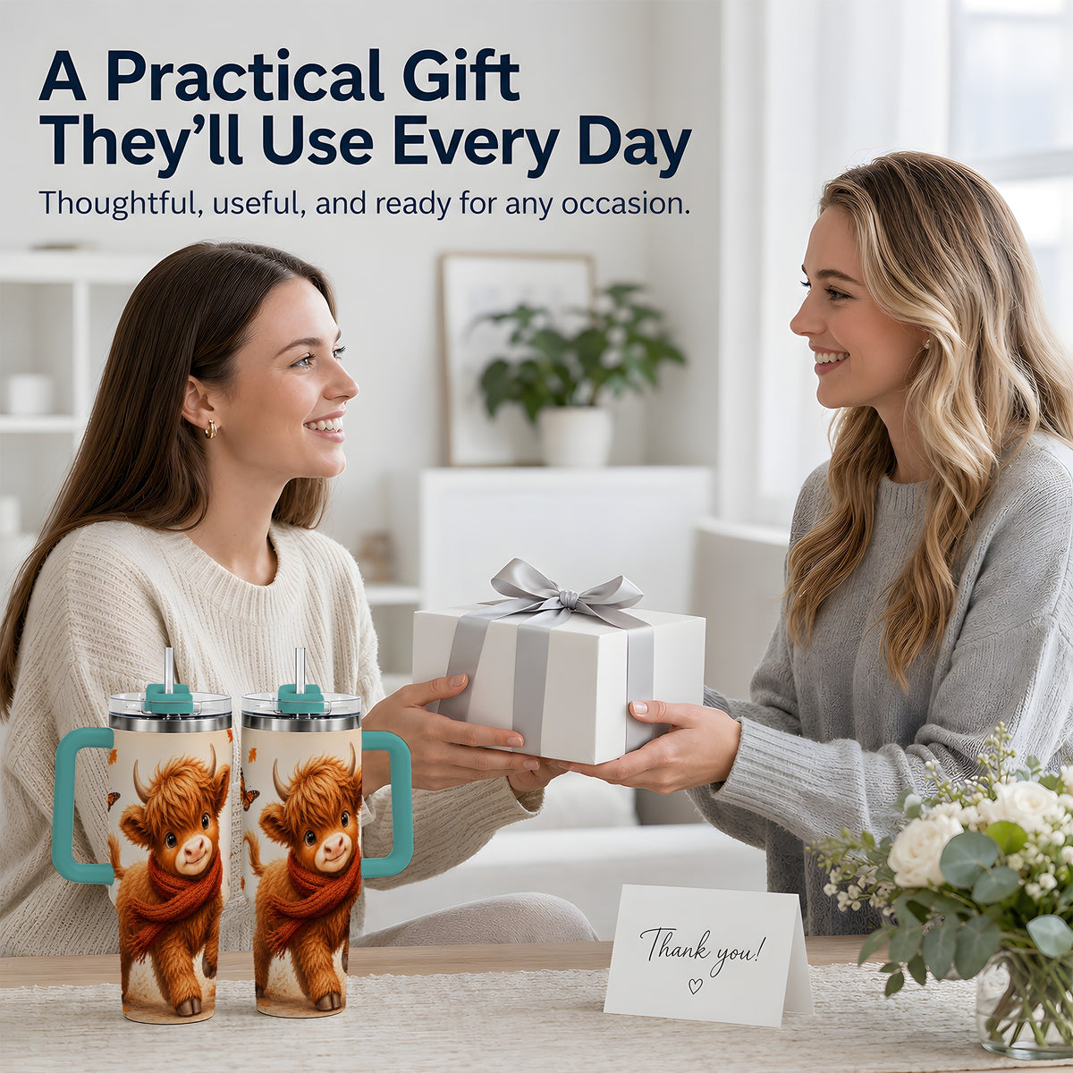 #pl[40oz|Green] Autumn Highland Cow 40oz Tumbler, Red Scarf Fall Farm Animal Design