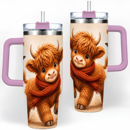 #pl[40oz|Pink] Autumn Highland Cow 40oz Tumbler, Red Scarf Fall Farm Animal Design