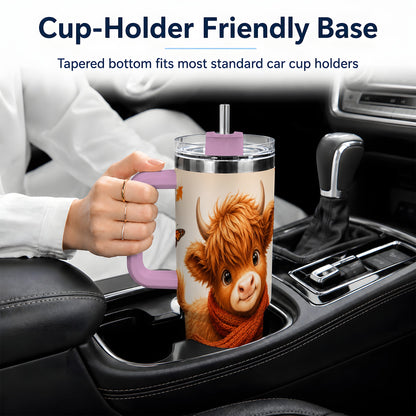 #pl[40oz|Pink] Autumn Highland Cow 40oz Tumbler, Red Scarf Fall Farm Animal Design