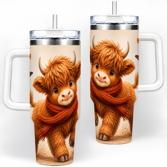 Autumn Highland Cow 40oz Tumbler, Red Scarf Fall Farm Animal Design