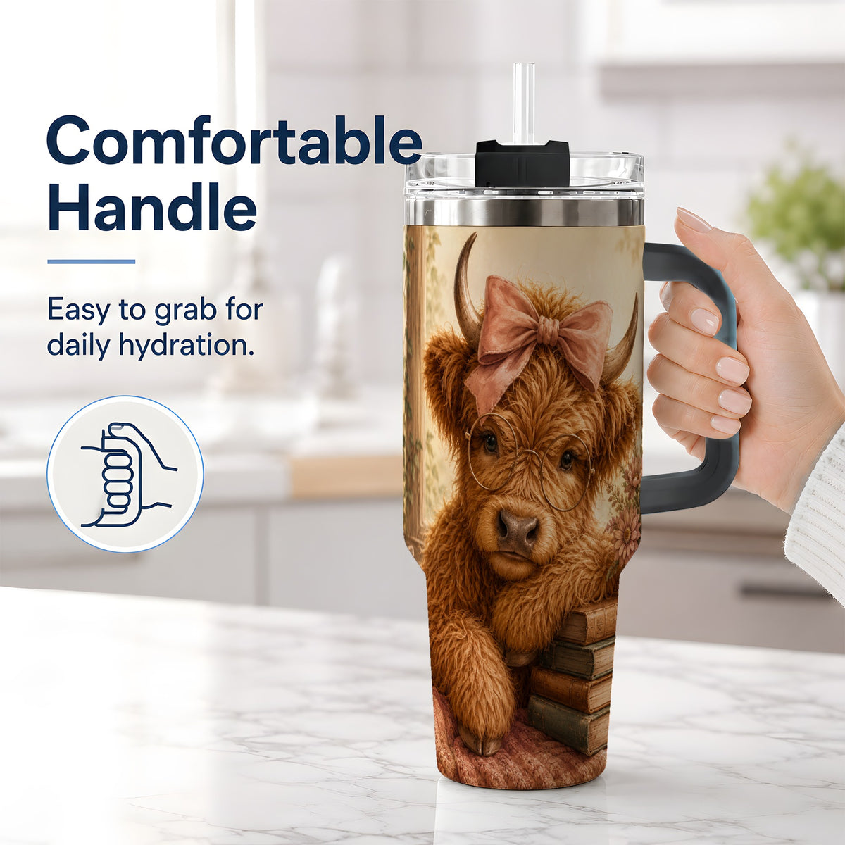 #pl[40oz|Black] Cozy Highland Cow 40oz Tumbler, Bookish Floral Farm Animal Design