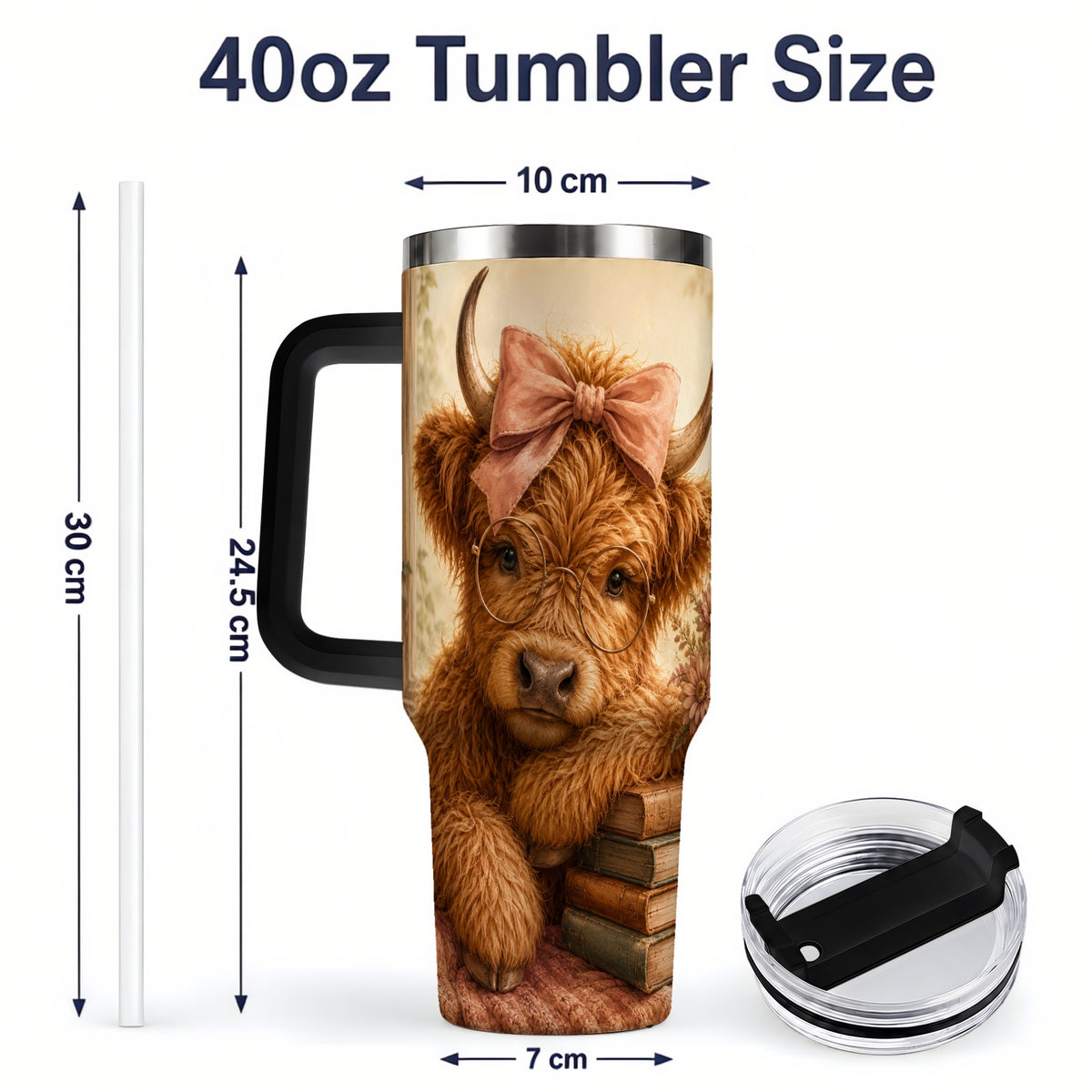 #pl[40oz|Black] Cozy Highland Cow 40oz Tumbler, Bookish Floral Farm Animal Design
