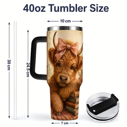 #pl[40oz|Black] Cozy Highland Cow 40oz Tumbler, Bookish Floral Farm Animal Design