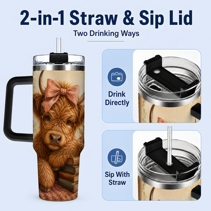 #pl[40oz|Black] Cozy Highland Cow 40oz Tumbler, Bookish Floral Farm Animal Design