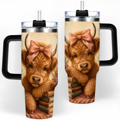 #pl[40oz|Black] Cozy Highland Cow 40oz Tumbler, Bookish Floral Farm Animal Design