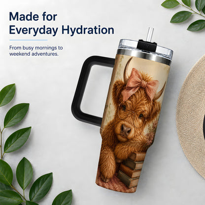 #pl[40oz|Black] Cozy Highland Cow 40oz Tumbler, Bookish Floral Farm Animal Design