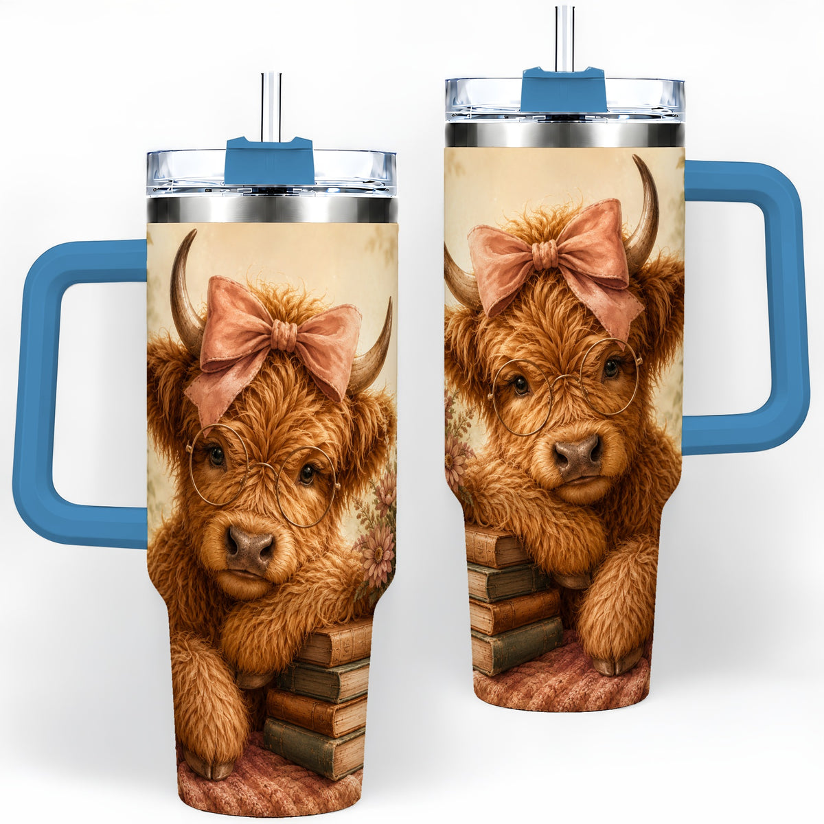 #pl[40oz|Blue] Cozy Highland Cow 40oz Tumbler, Bookish Floral Farm Animal Design