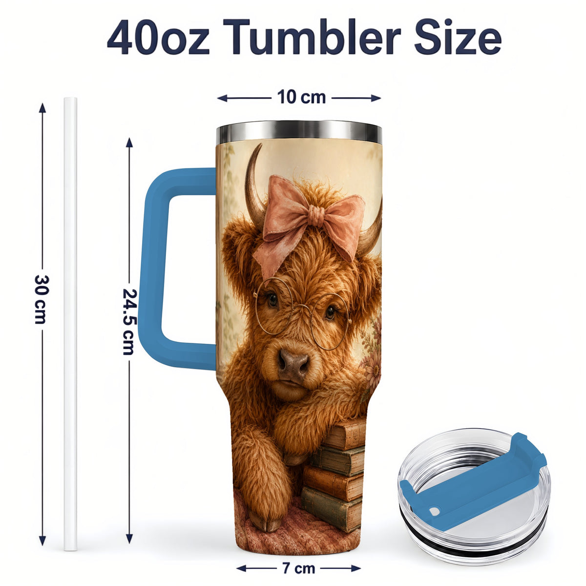 #pl[40oz|Blue] Cozy Highland Cow 40oz Tumbler, Bookish Floral Farm Animal Design