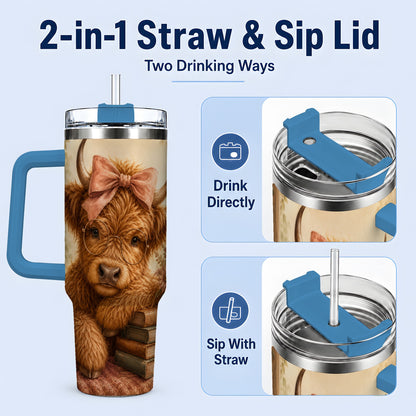 #pl[40oz|Blue] Cozy Highland Cow 40oz Tumbler, Bookish Floral Farm Animal Design