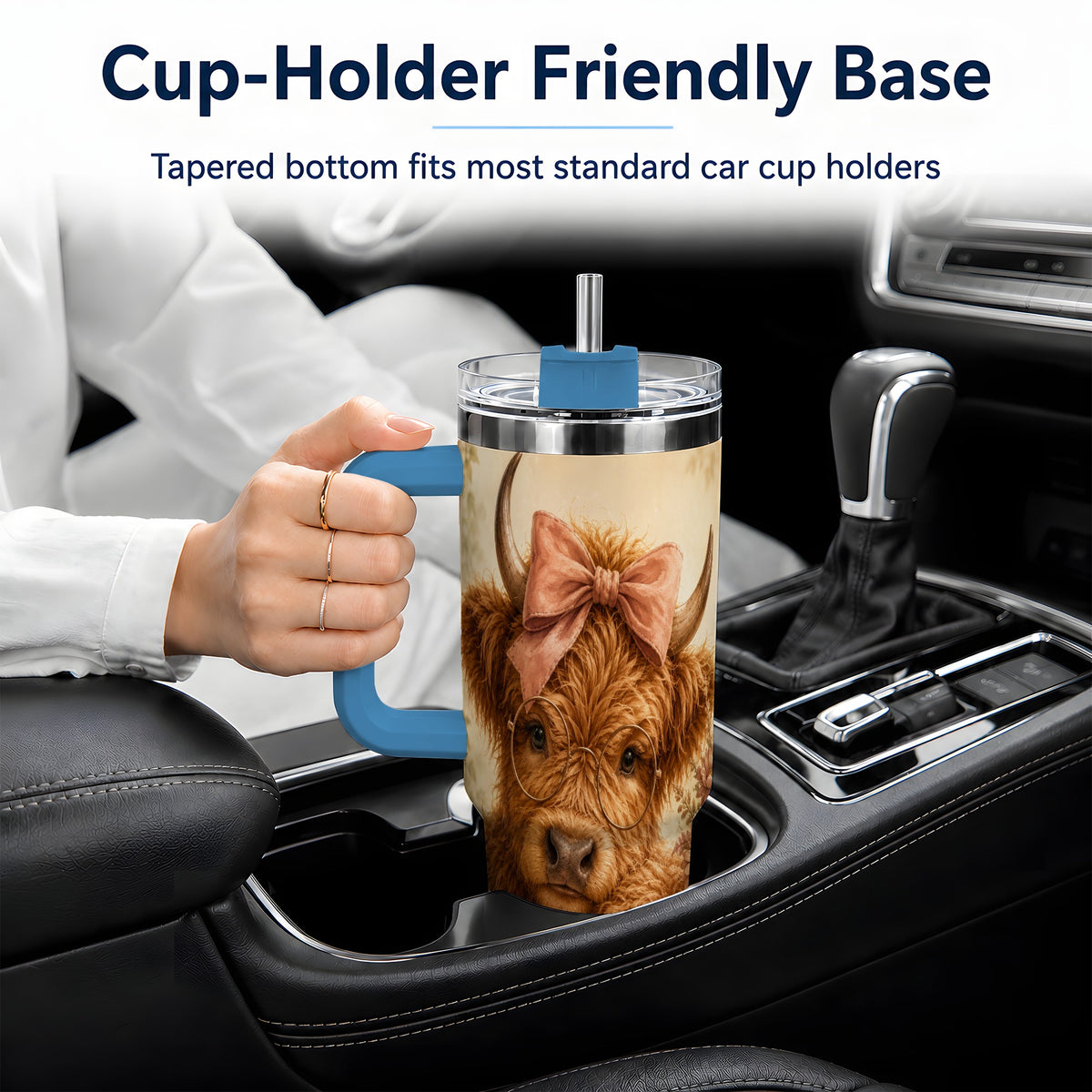 #pl[40oz|Blue] Cozy Highland Cow 40oz Tumbler, Bookish Floral Farm Animal Design