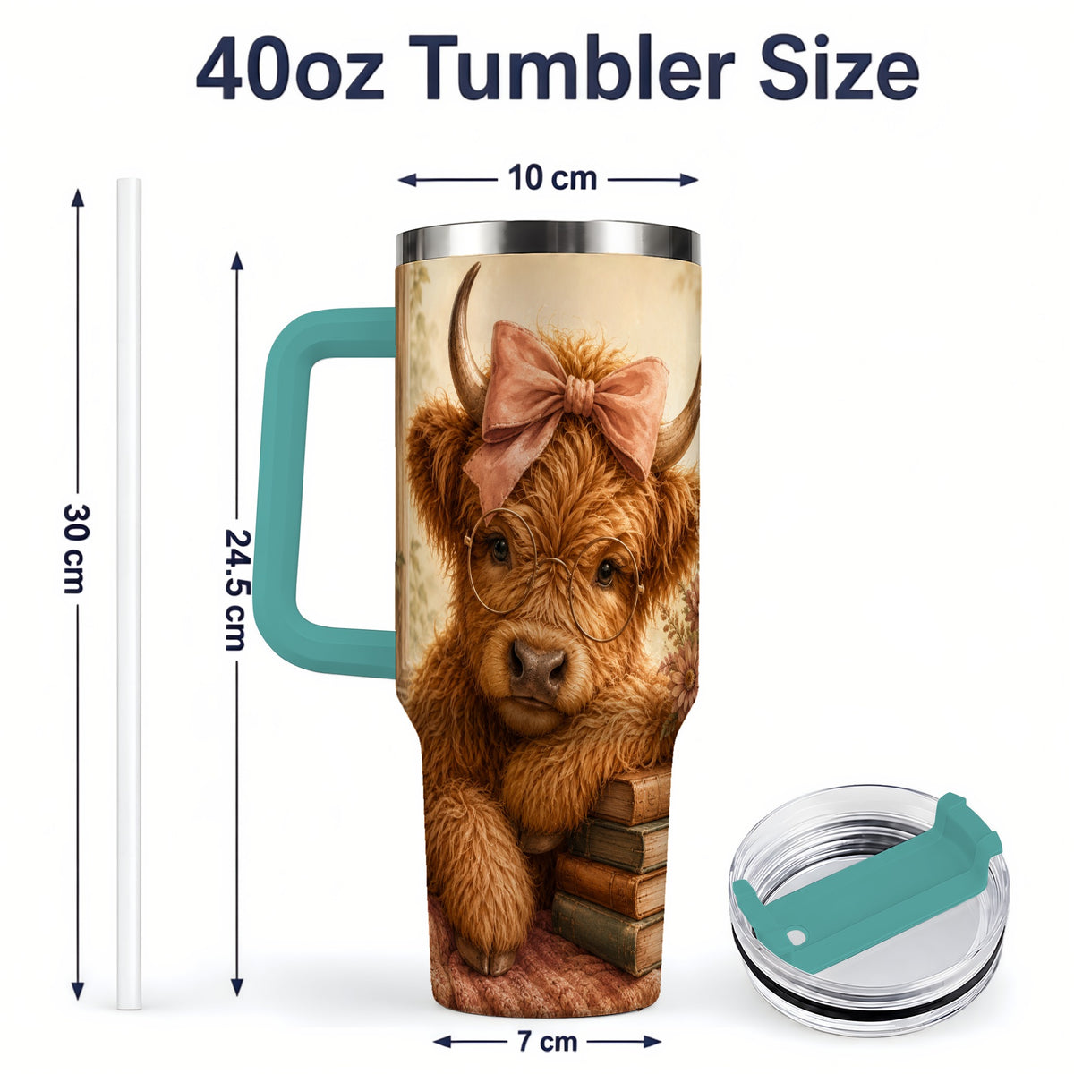 #pl[40oz|Green] Cozy Highland Cow 40oz Tumbler, Bookish Floral Farm Animal Design