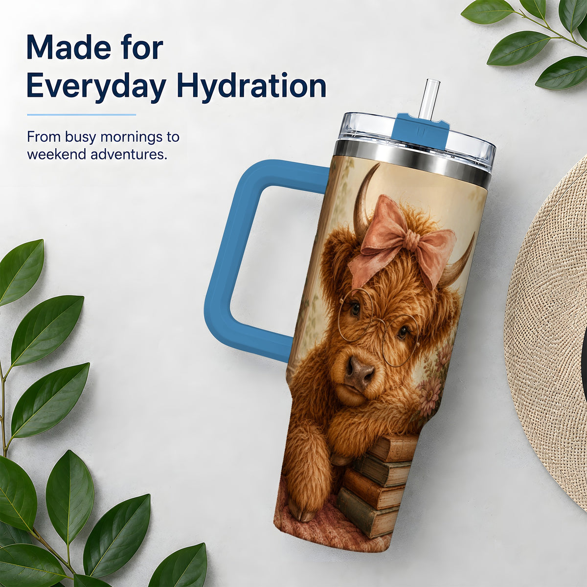 #pl[40oz|Blue] Cozy Highland Cow 40oz Tumbler, Bookish Floral Farm Animal Design