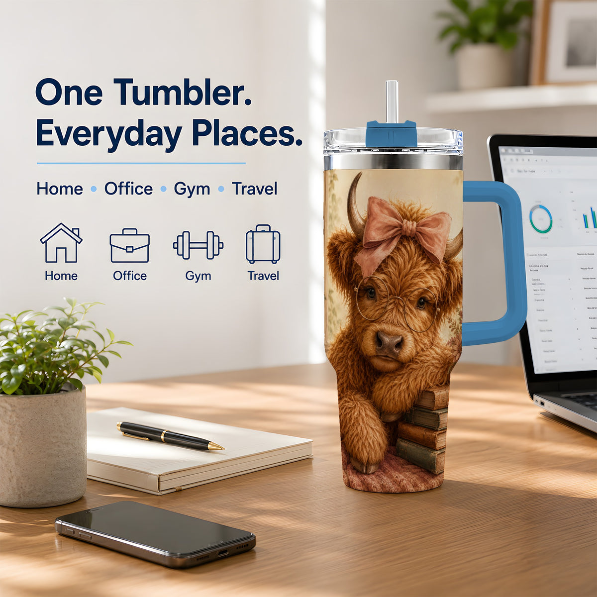 #pl[40oz|Blue] Cozy Highland Cow 40oz Tumbler, Bookish Floral Farm Animal Design