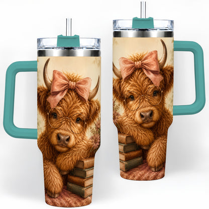 #pl[40oz|Green] Cozy Highland Cow 40oz Tumbler, Bookish Floral Farm Animal Design