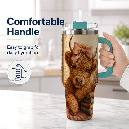#pl[40oz|Green] Cozy Highland Cow 40oz Tumbler, Bookish Floral Farm Animal Design