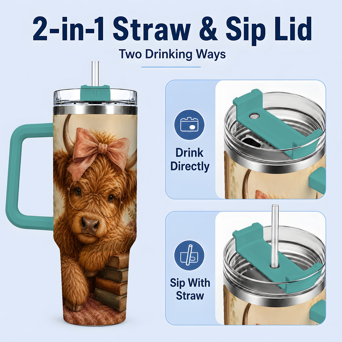 #pl[40oz|Green] Cozy Highland Cow 40oz Tumbler, Bookish Floral Farm Animal Design