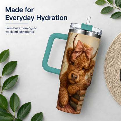 #pl[40oz|Green] Cozy Highland Cow 40oz Tumbler, Bookish Floral Farm Animal Design