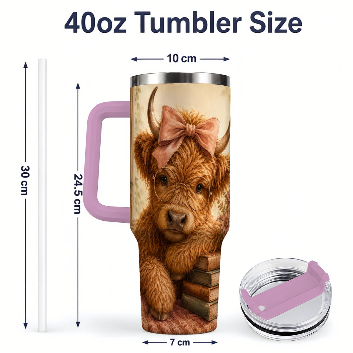 #pl[40oz|Pink] Cozy Highland Cow 40oz Tumbler, Bookish Floral Farm Animal Design